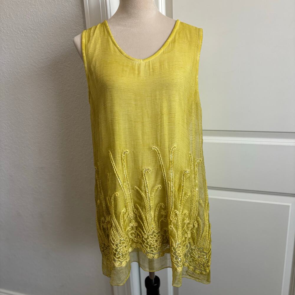 Soft Surroundings Romance Silk Blouse Sz M Chartreuse Yellow Embroidered Sequin